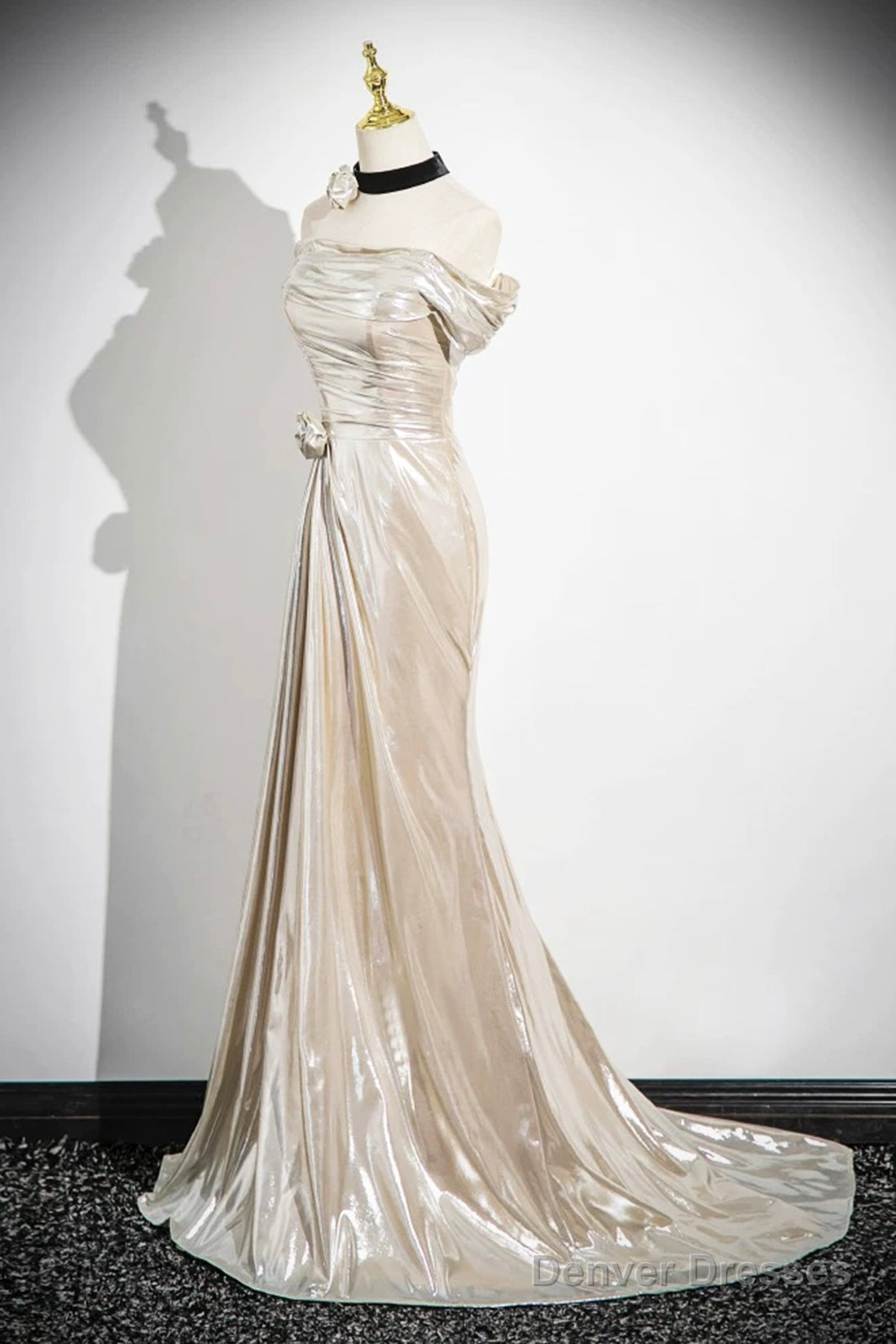 Mermaid Off The Shoulder Floor Length Prom Dress, Shiny Champagne Evening Party Dress