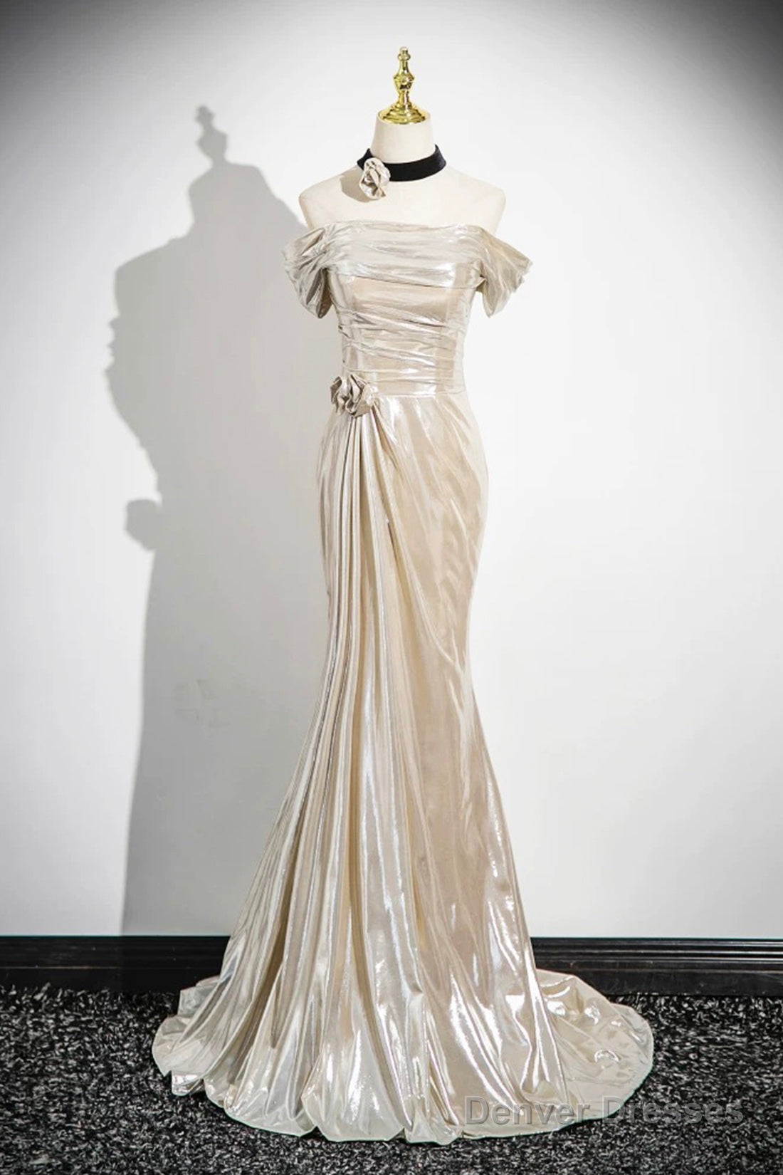 Mermaid Off The Shoulder Floor Length Prom Dress, Shiny Champagne Evening Party Dress Main image