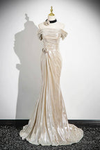 Mermaid Off The Shoulder Floor Length Prom Dress, Shiny Champagne Evening Party Dress