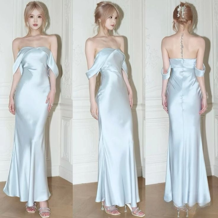 Mermaid Off The Shoulder Floor-Length Sleeveless Light Sky Blue Prom Dress