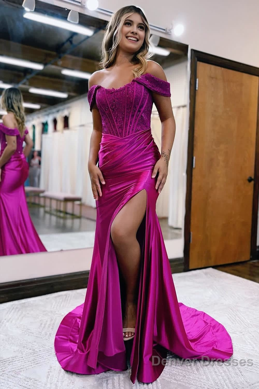 Mermaid Off the Shoulder Satin Prom Dress with Slit