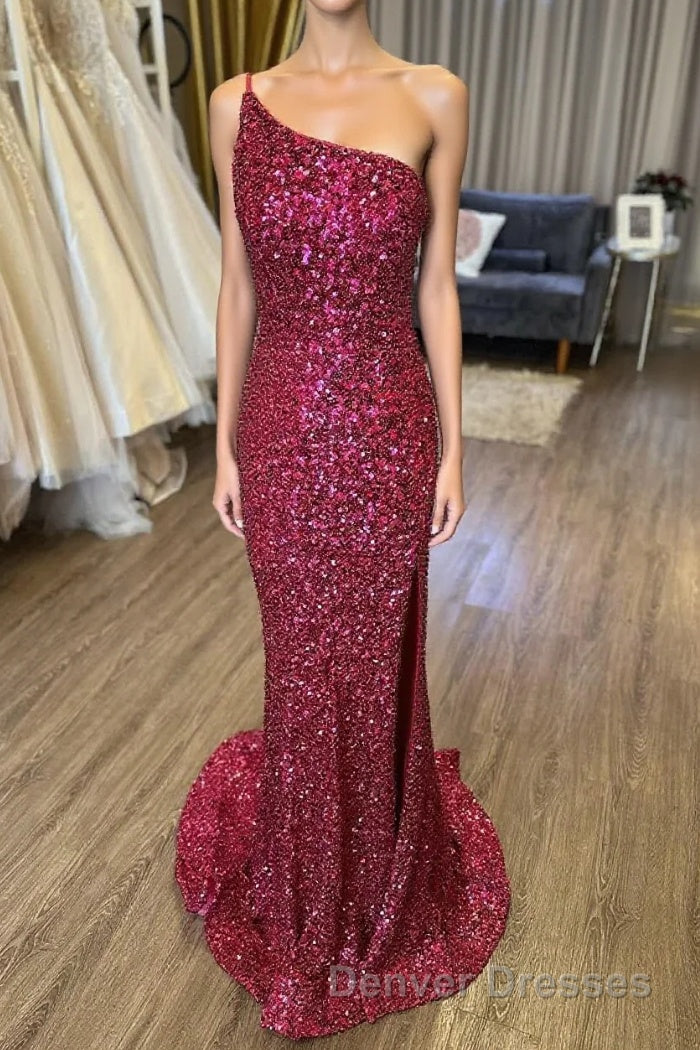 Mermaid One Shoulder Burgundy Sequins Long Prom Dress with Split Front Main image