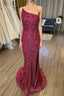 Mermaid One Shoulder Burgundy Sequins Long Prom Dress with Split Front