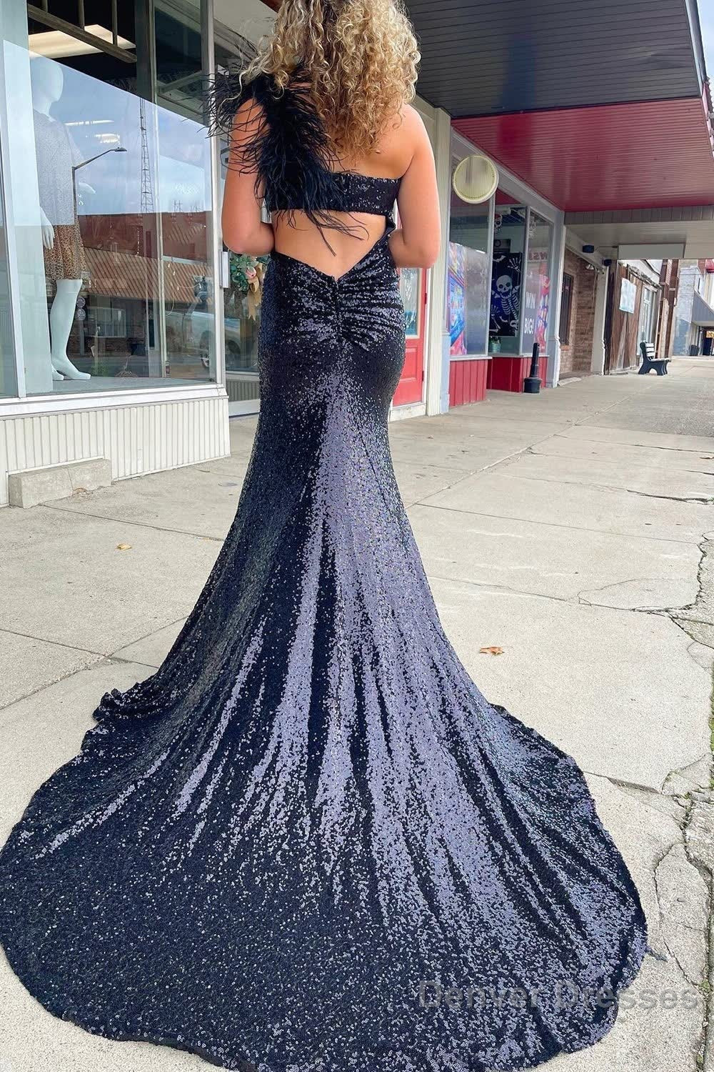 Mermaid One Shoulder Cut Out Black Sequins Long Prom Dress Secondary image