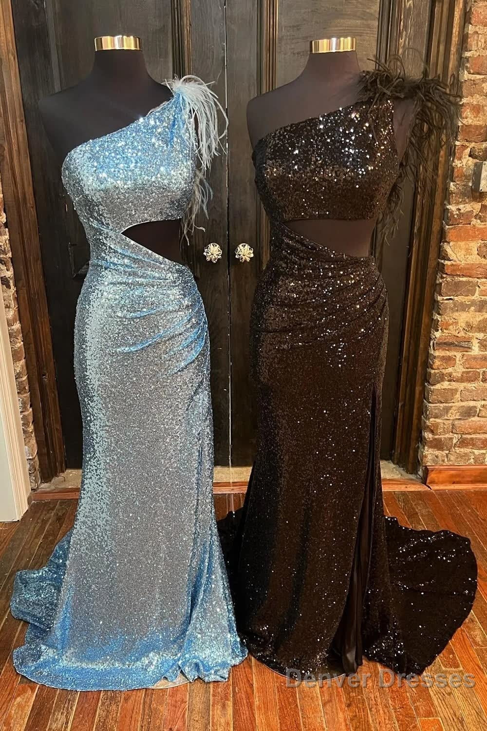 Mermaid One Shoulder Cut Out Black Sequins Long Prom Dress