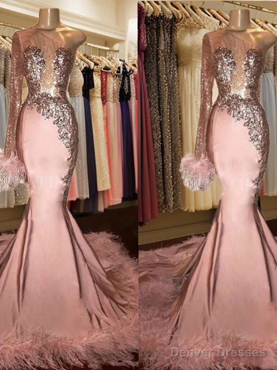 Mermaid One-Shoulder Long Sleeves Feather Chapel Train Elastic Woven Satin Dress Main image