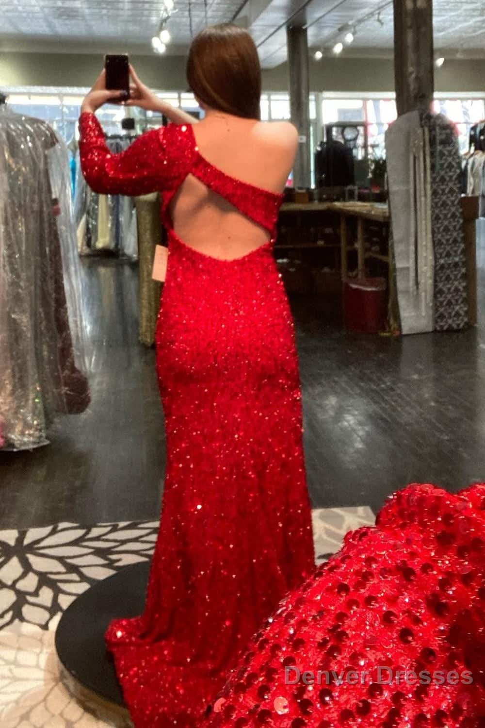 Mermaid One Shoulder Red Sequins Long Prom Dress with Silt Secondary image