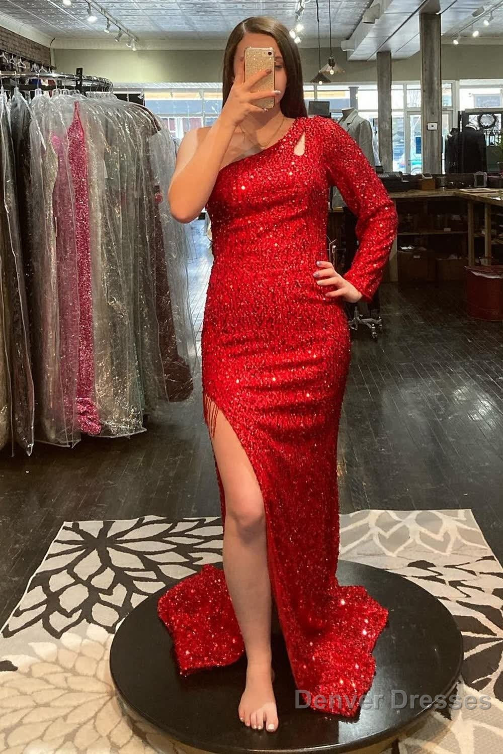 Mermaid One Shoulder Red Sequins Long Prom Dress with Silt Main image