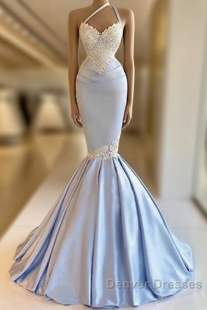 Mermaid One Shoulder Satin Beaded Long Prom Dress Sequin Appliqu Evening Dress Main image