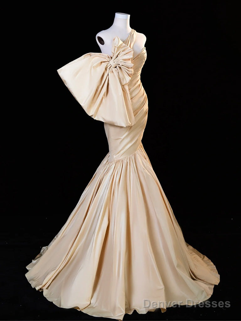 Mermaid One Shoulder Satin Champagne Long Prom Dress, Champagne Long Evening Dress