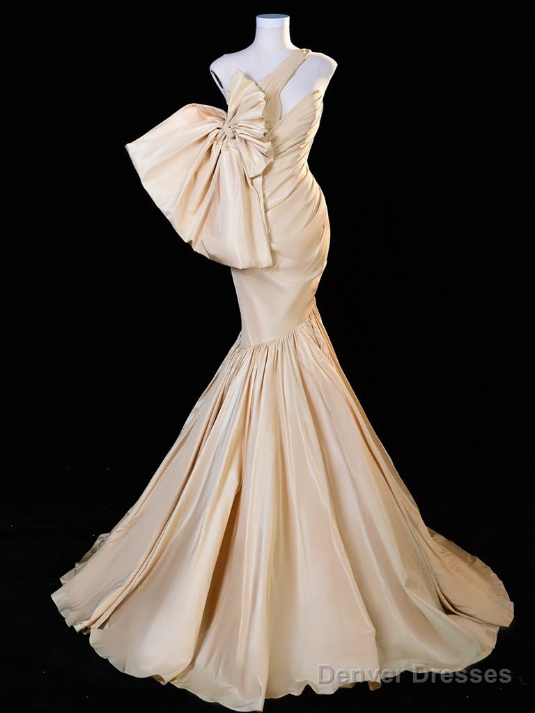 Mermaid One Shoulder Satin Champagne Long Prom Dress, Champagne Long Evening Dress Main image