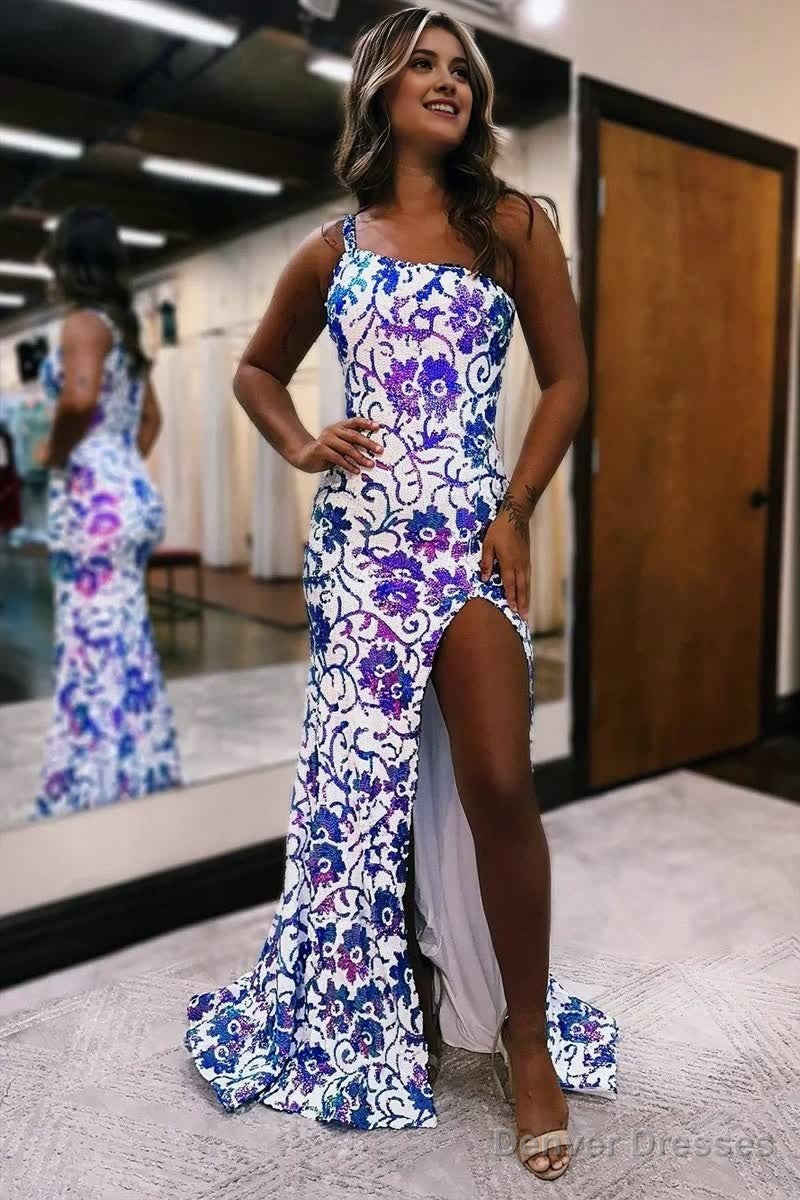 Mermaid One Shoulder Sequin Appliques Long Prom Dresses with Slit Main image