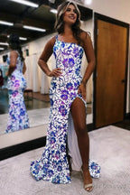 Mermaid One Shoulder Sequin Appliques Long Prom Dresses with Slit