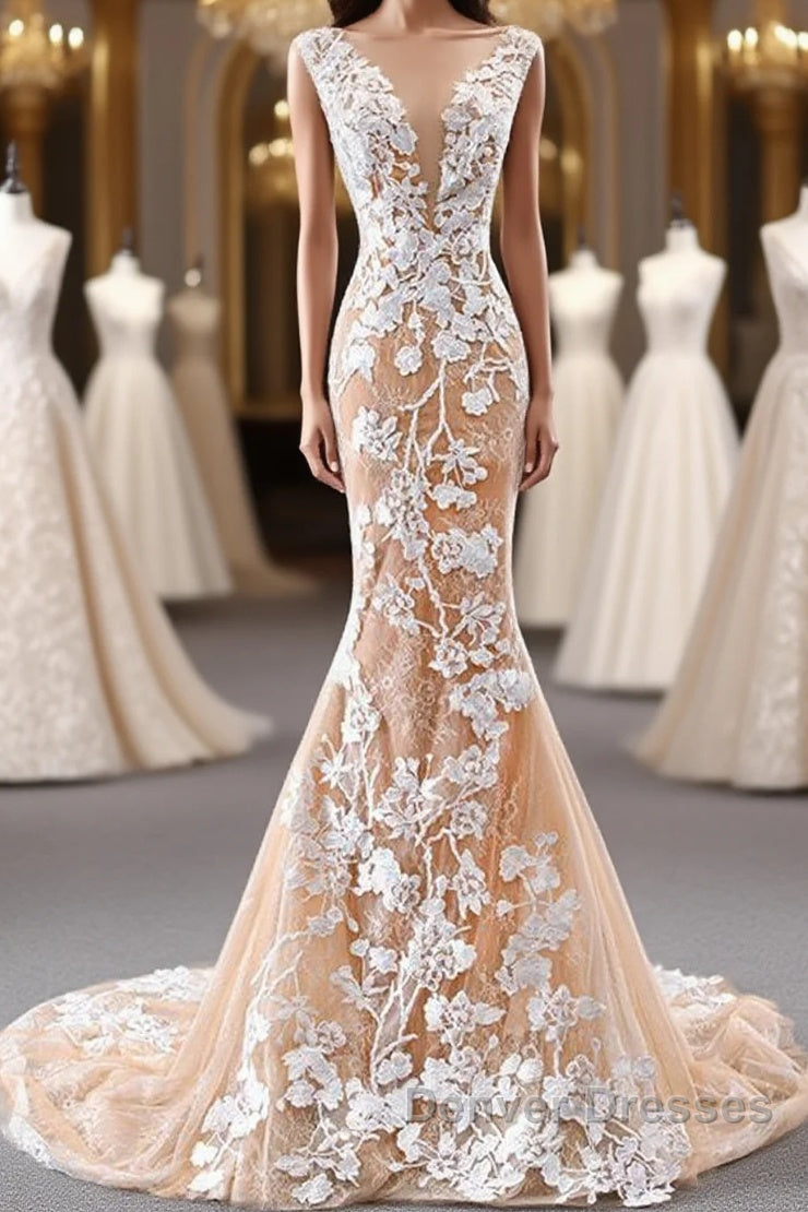 Mermaid Open Back Champagne Lace Long Prom Dress, Champagne Lace Formal Dress, Champagne Evening Dress