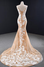 Mermaid Open Back Champagne Lace Long Prom Dress, Champagne Lace Formal Dress, Champagne Evening Dress