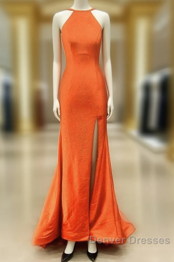 Mermaid Orange Prom Dress Halter Neck Split