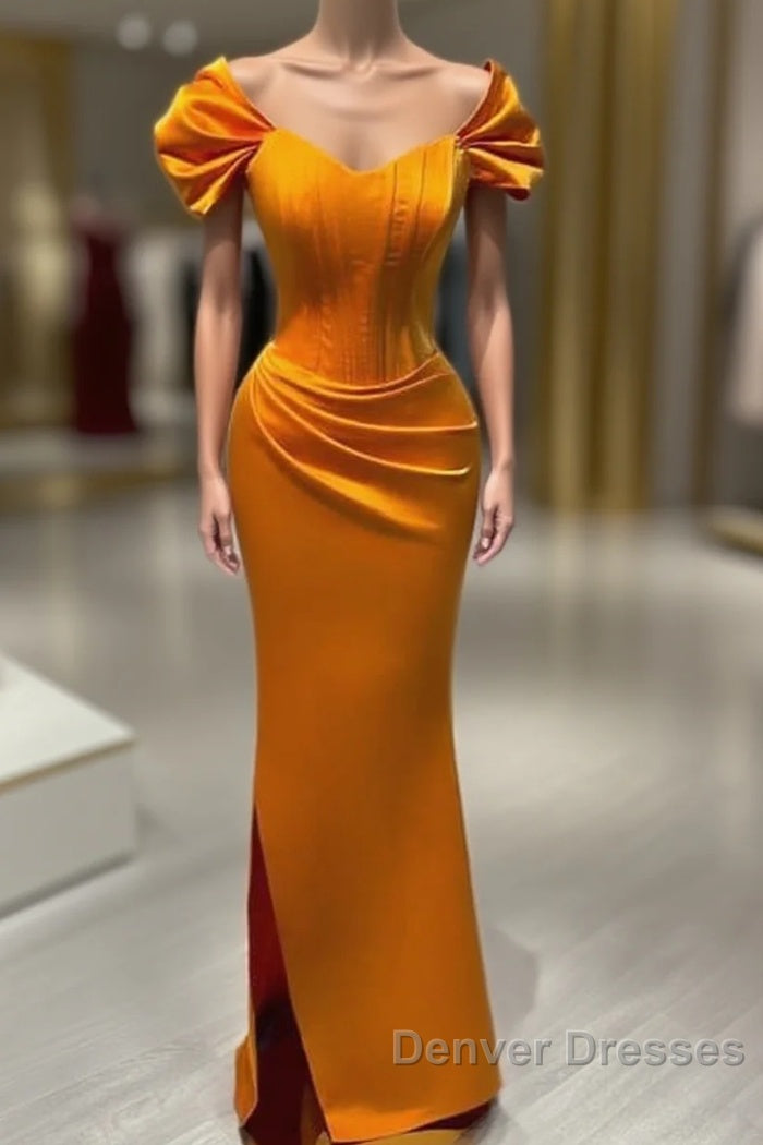 Mermaid Orange Satin Cap Sleeve Slit Dress Main image