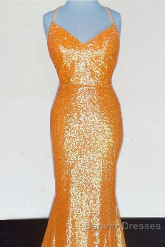 Mermaid Orange Sequin V Neck Dress Secondary image