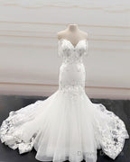 Mermaid Organza Wedding Dress Ruffles Off Shoulder Embroidery