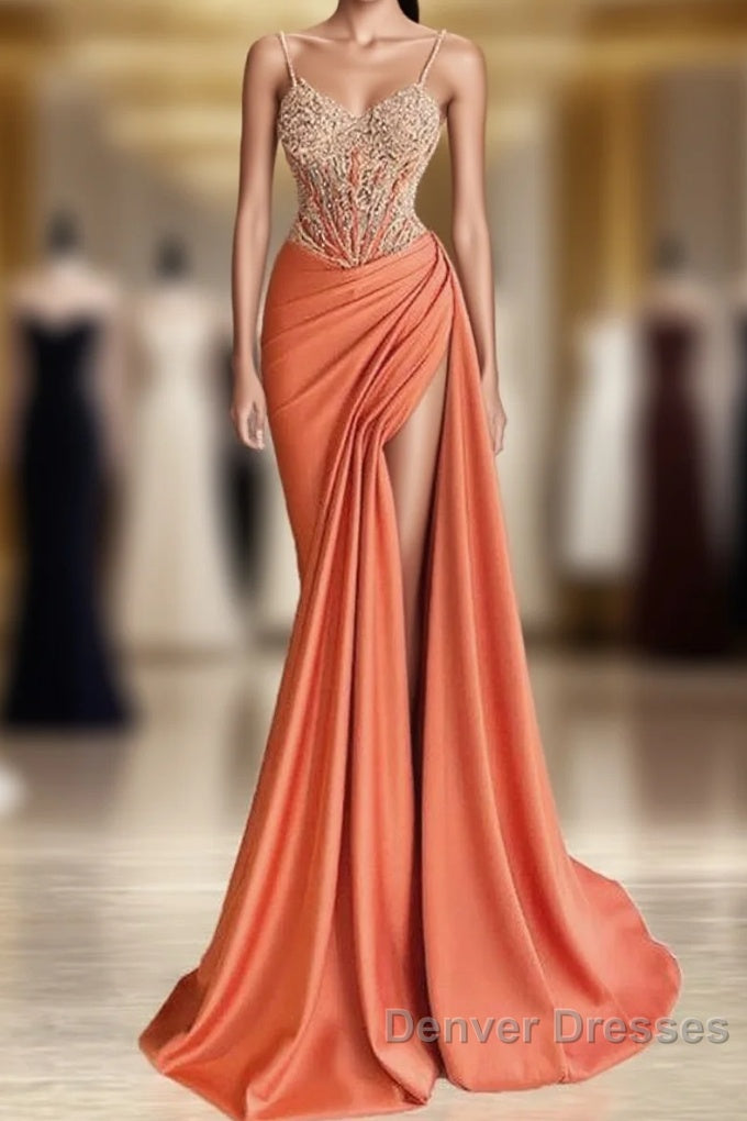 Mermaid Peach Prom Dress Appliques With Slit Main image