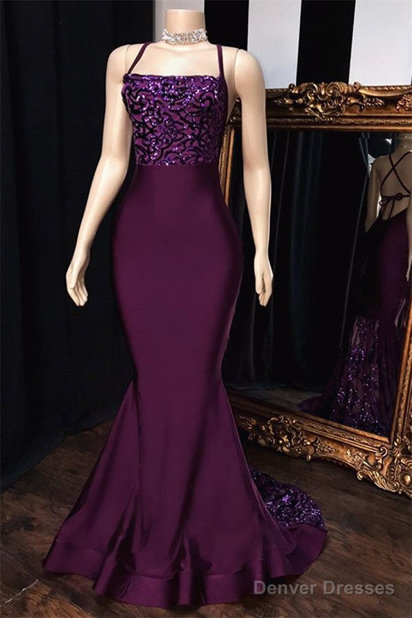 Mermaid Purple Spaghetti-Straps Appliques Sleeveless Prom Dresses Main image