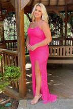 Mermaid Red Sequins Long Prom Dress with Slit