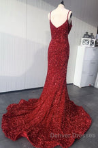 Mermaid Red Spaghetti Straps Velvet Sequin Prom Dress