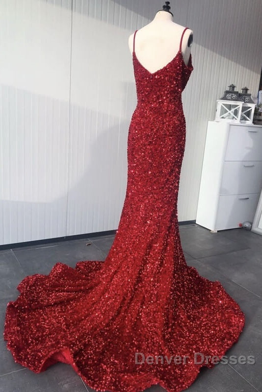 Mermaid Red Spaghetti Straps Velvet Sequin Prom Dress Secondary image