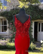 Mermaid Red V-Neck Satin Dress With 3D Flowers
