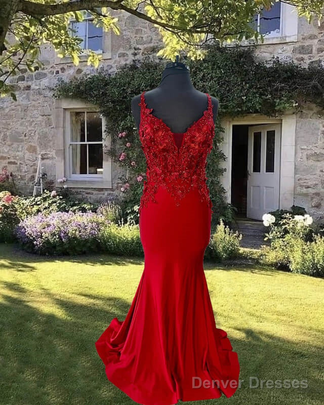 Mermaid Red V-Neck Satin Dress With 3D Flowers Main image