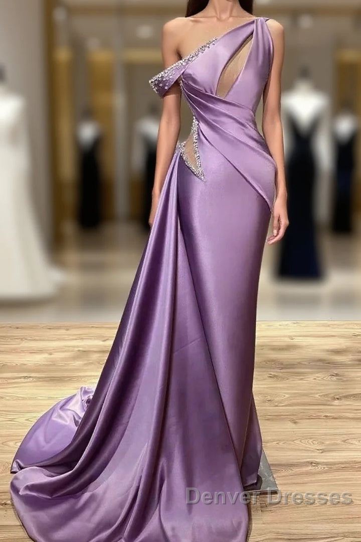 Mermaid Ruffle One Shoulder Lavender Beading Prom Dress Main image