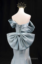 Mermaid Satin Floor Length Prom Dress, Blue Off The Shoulder Evening Party Dress