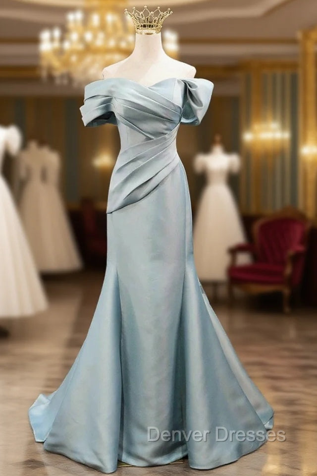 Mermaid Satin Floor Length Prom Dress, Blue Off The Shoulder Evening Party Dress