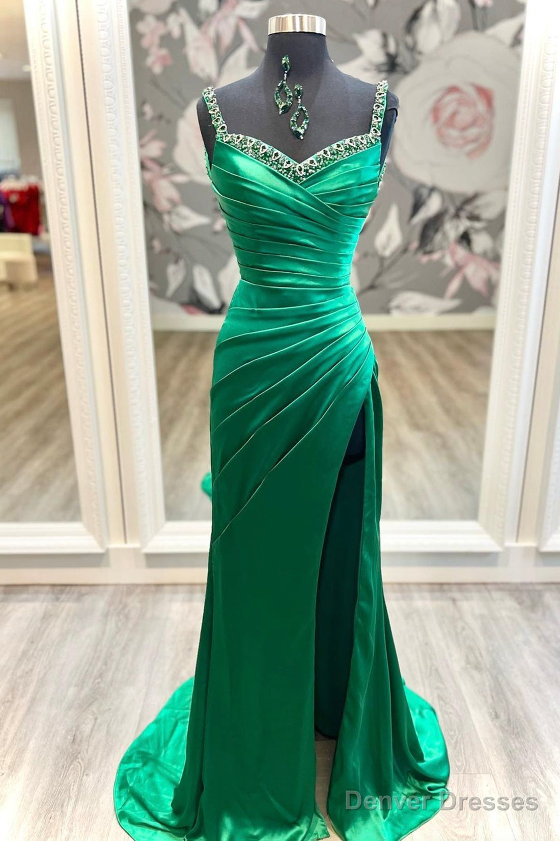 Mermaid Satin Long Prom Dress, Green Satin Evening Dress with Beaded