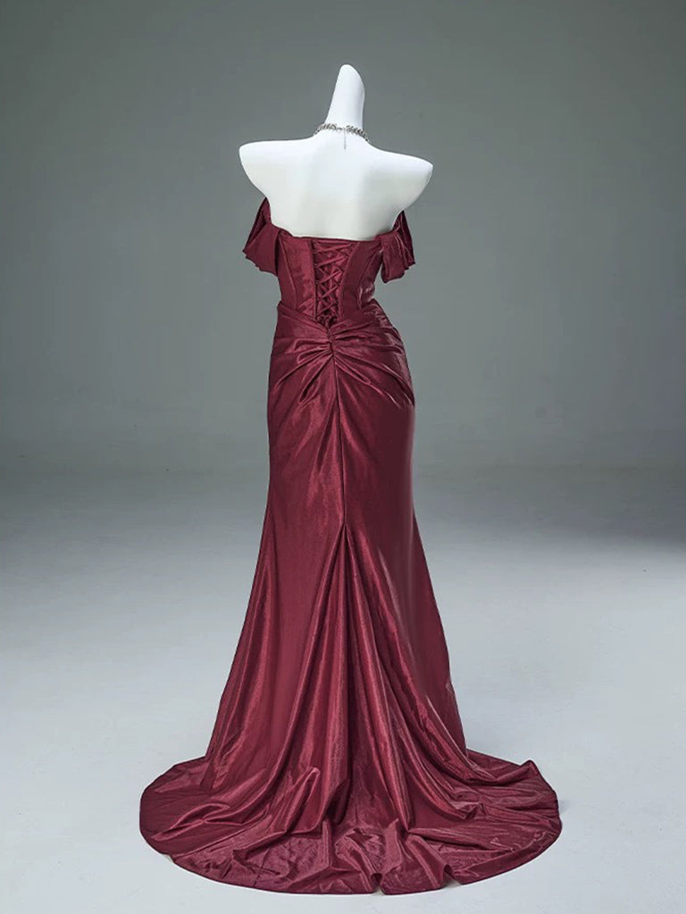 Mermaid Satin Off Shoulder Sweep Train Burgundy Prom Dress Secondary image