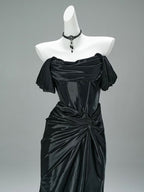 Mermaid Satin Off Shoulder Sweep Train Burgundy Prom Dress