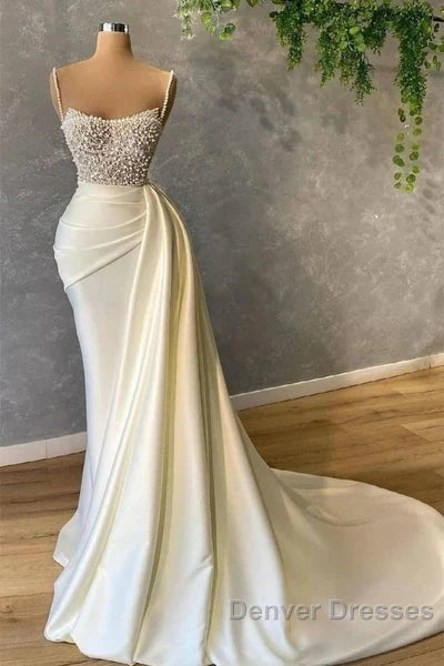 Mermaid Satin Spaghetti Strap Sweetheart Sequined Beaded Long Prom Dress Gorgeous Evening Dress
