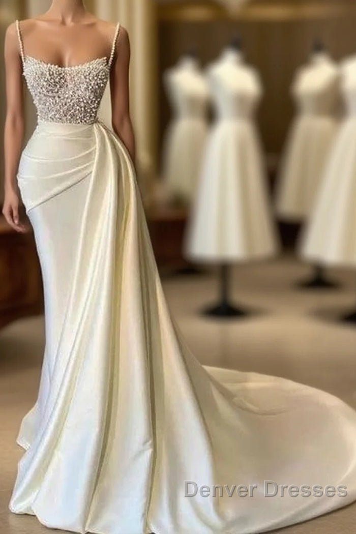 Mermaid Satin Spaghetti Strap Sweetheart Sequined Beaded Long Prom Dress Gorgeous Evening Dress