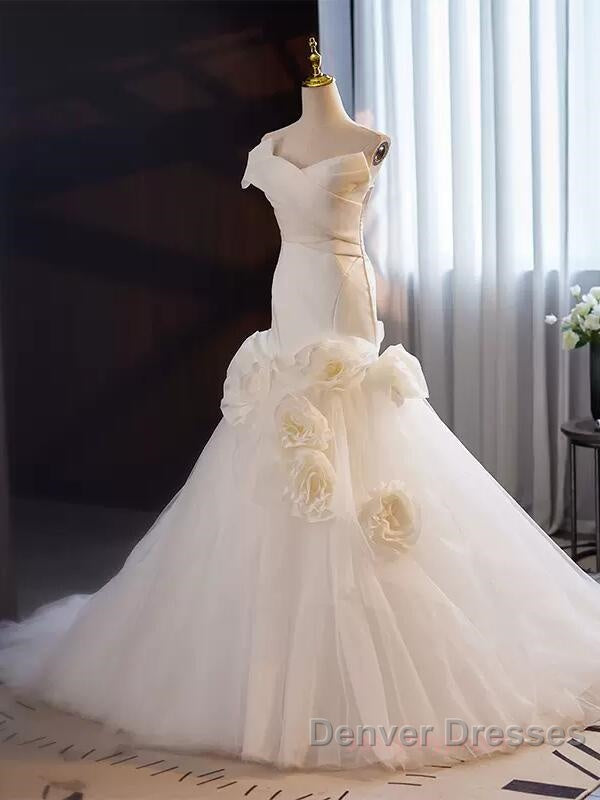 Mermaid Satin & Tulle Flowers Pleats Wedding Dress