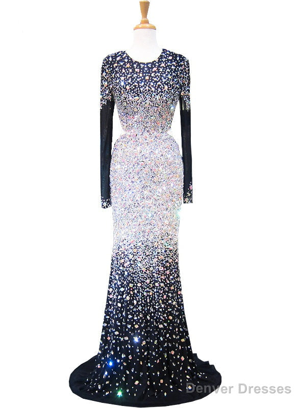 Mermaid Scoop Long Sleeve Beaded Crystals Floor Length Prom Dress Main image