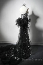 Mermaid Sequin Tulle Black Long Prom Dress, Black Long Formal Dress