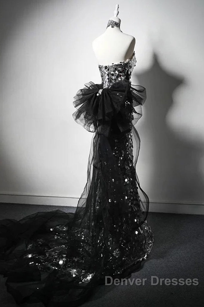 Mermaid Sequin Tulle Black Long Prom Dress, Black Long Formal Dress