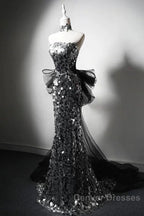 Mermaid Sequin Tulle Black Long Prom Dress, Black Long Formal Dress