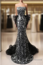 Mermaid Sequin Tulle Black Long Prom Dress, Black Long Formal Dress
