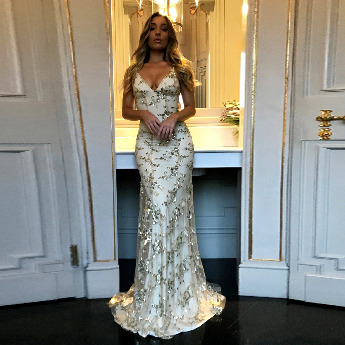 Sexy Mermaid Gold Sequin Tulle Long Backless Prom Dress Evening Dress