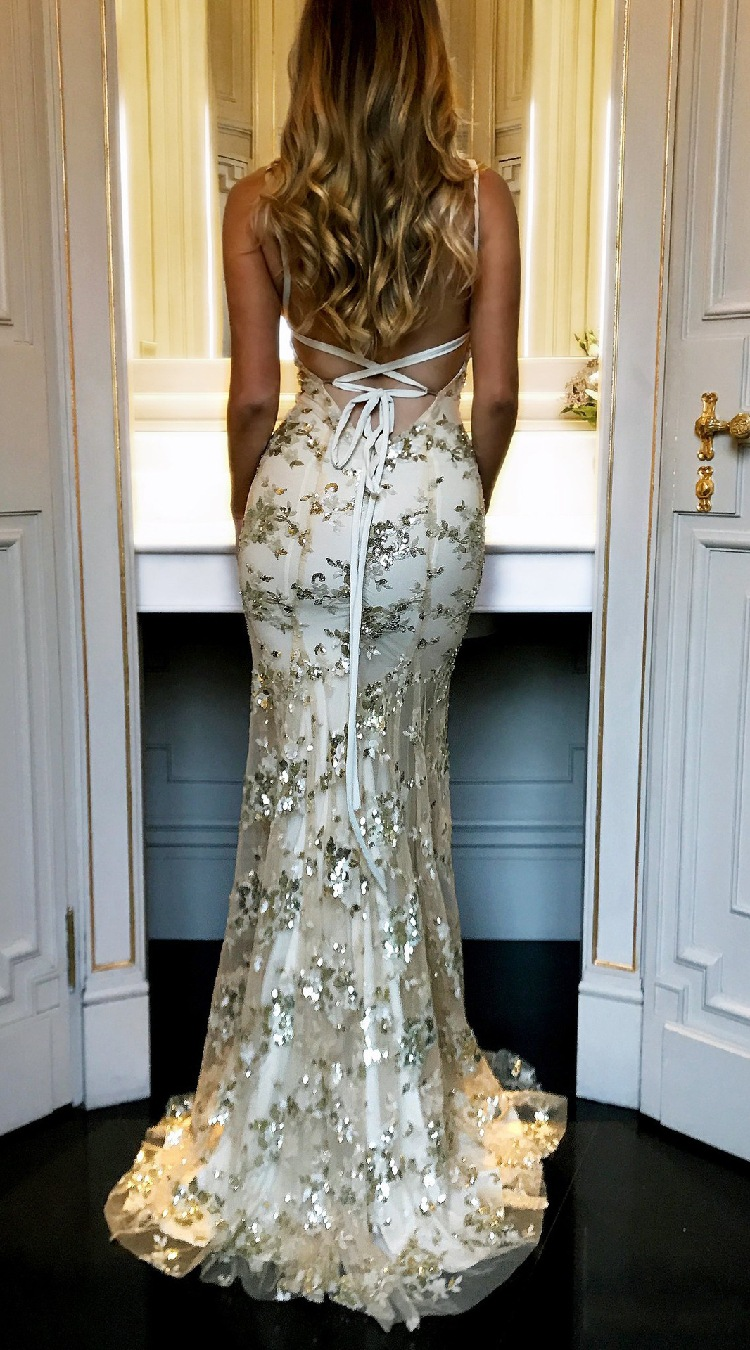 Sexy Mermaid Gold Sequin Tulle Long Backless Prom Dress Evening Dress