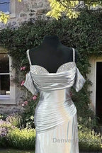 Mermaid Silver Satin Cold Shoulder Dress