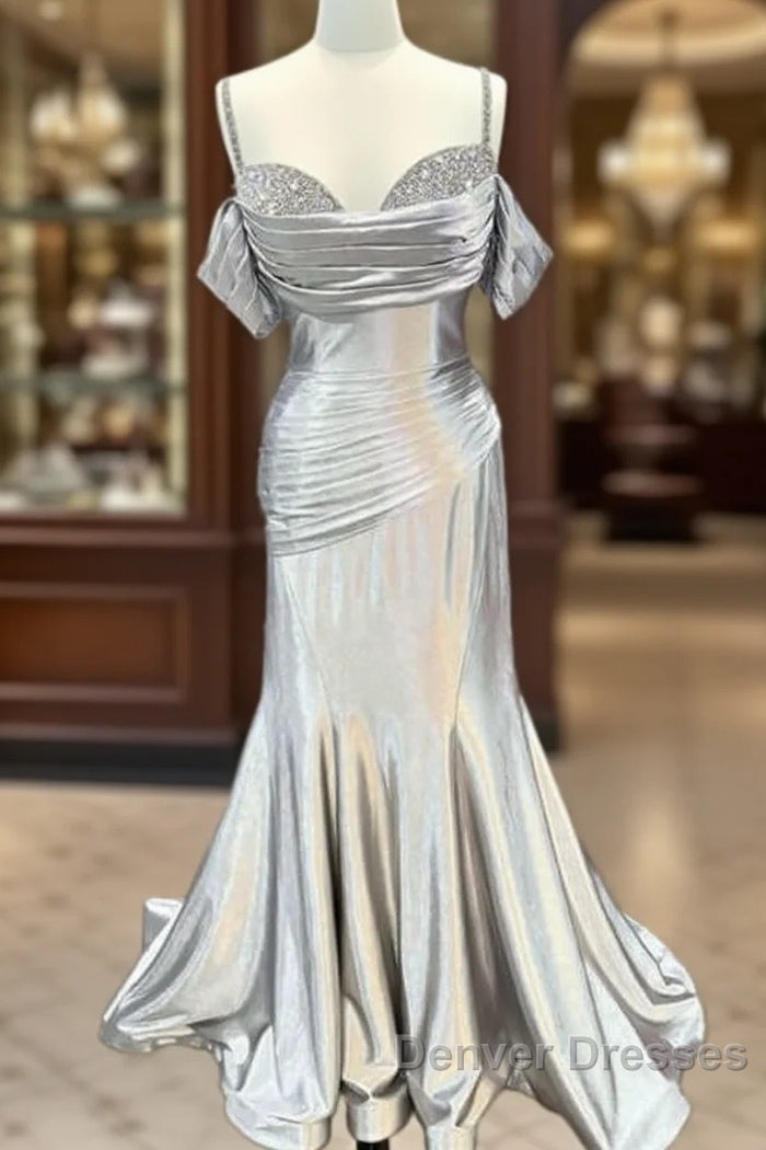 Mermaid Silver Satin Cold Shoulder Dress