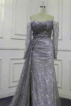 Mermaid Silver Sequin Beaded Off Shoulder Dress