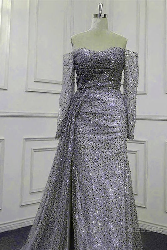 Mermaid Silver Sequin Beaded Off Shoulder Dress